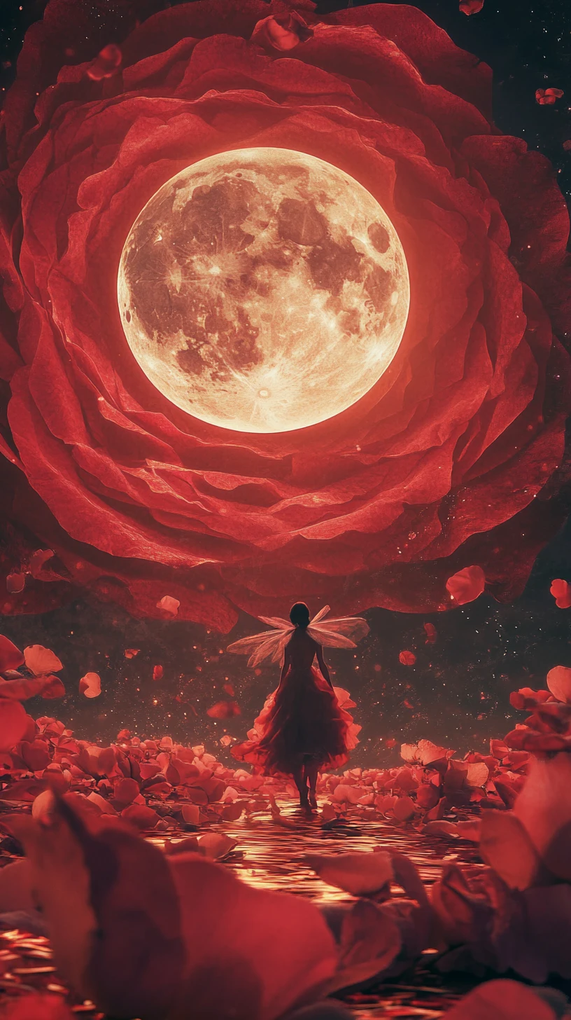 Fairy crossing petals of a moonlit crimson rose bloom