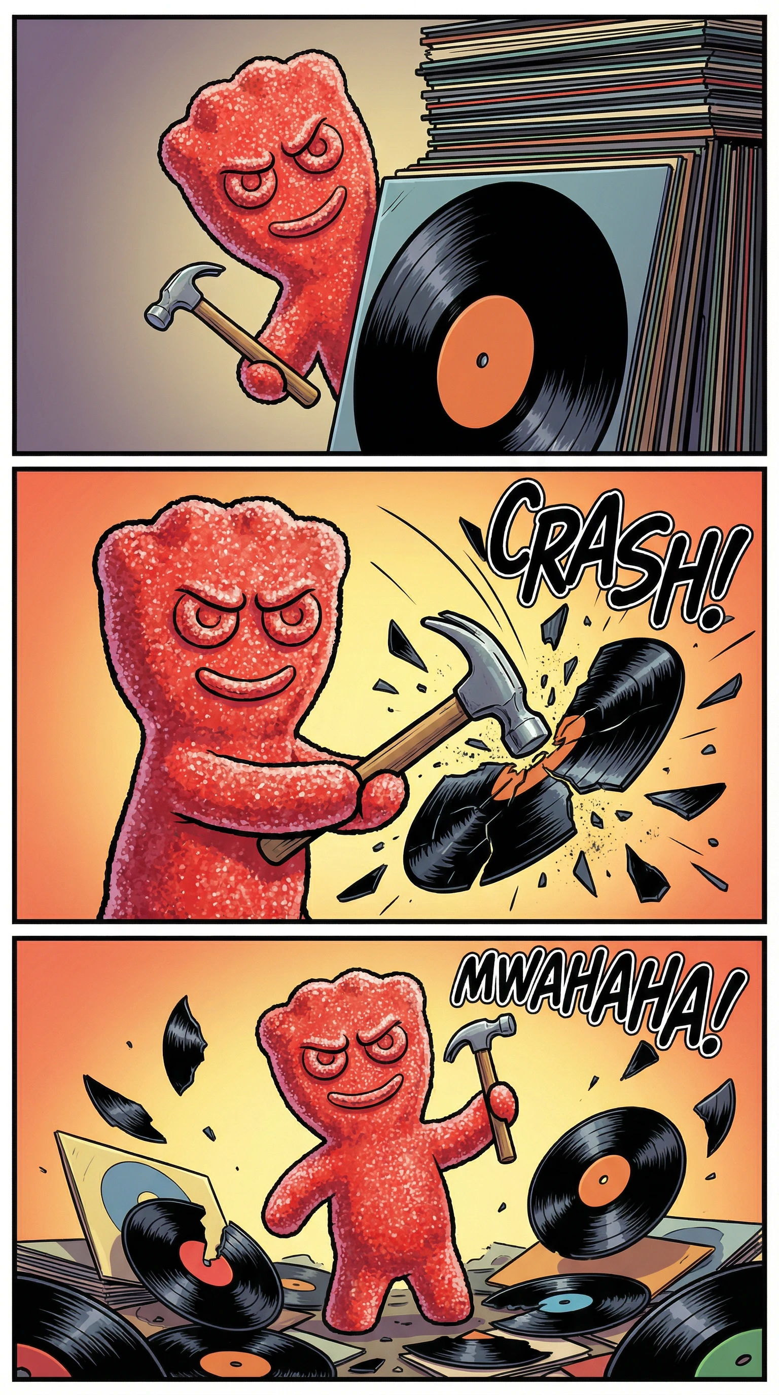Cómic de un personaje de caramelo destruyendo discos de vinilo