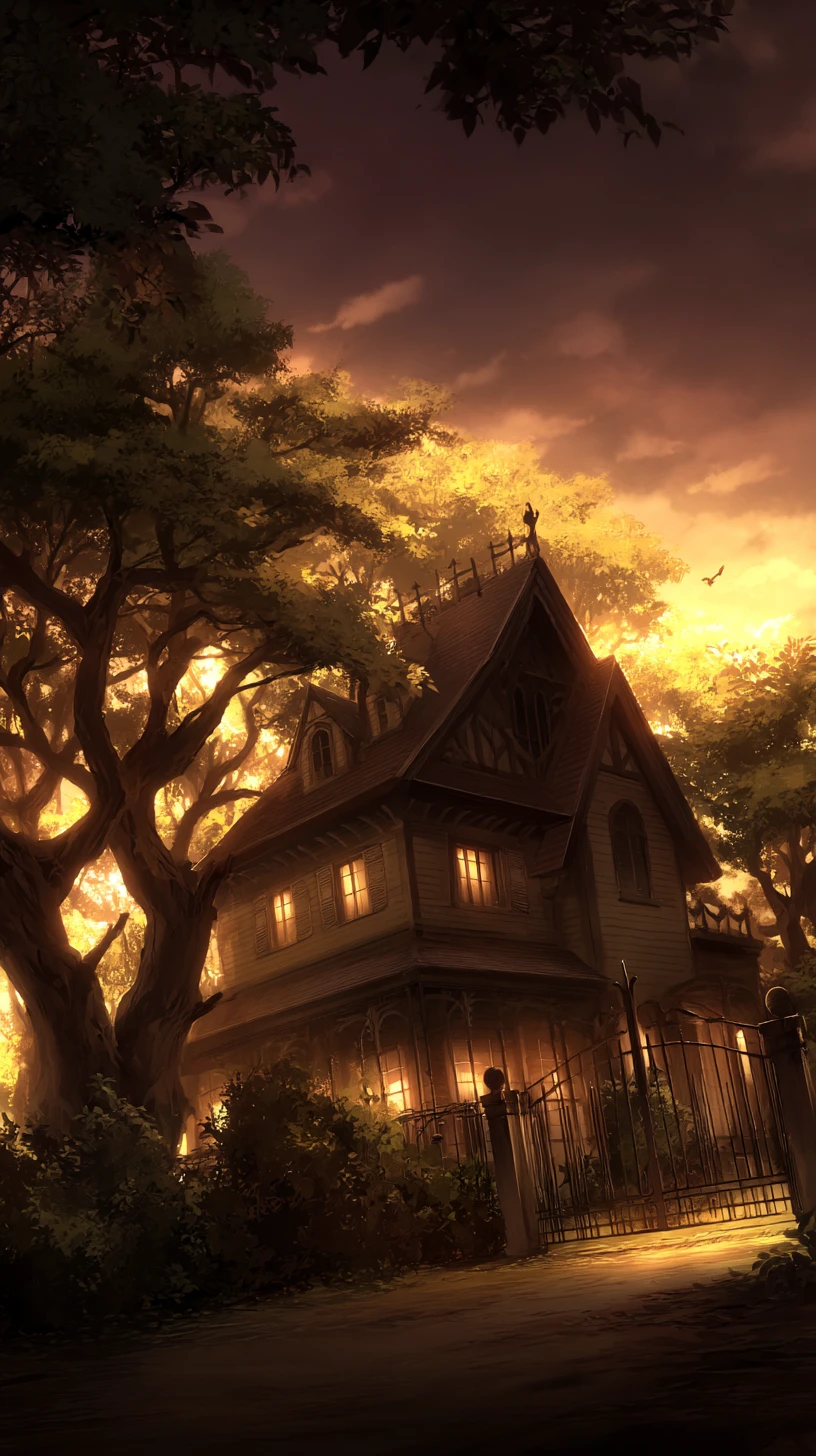 Curved Haunted House Silhouette At Sunset Horizon