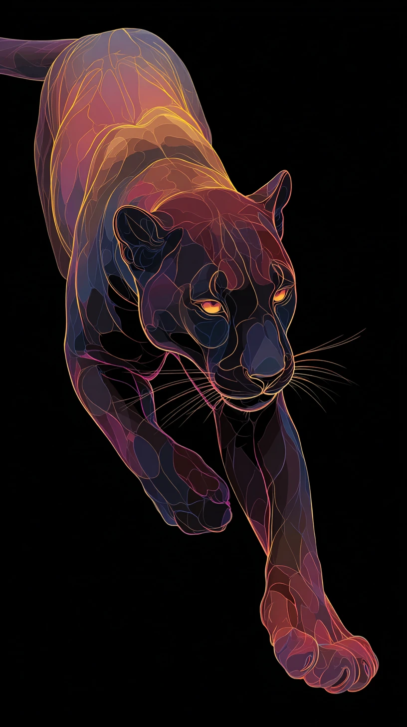 Neon panther leaping from a dark abstract background