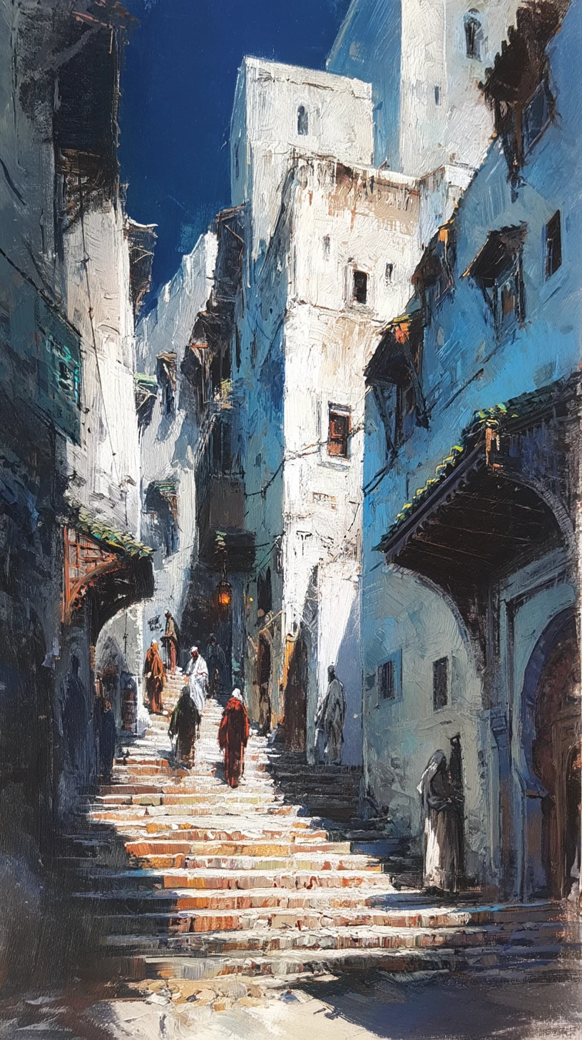 Dramatic low angle view of an Algerian casbah alley