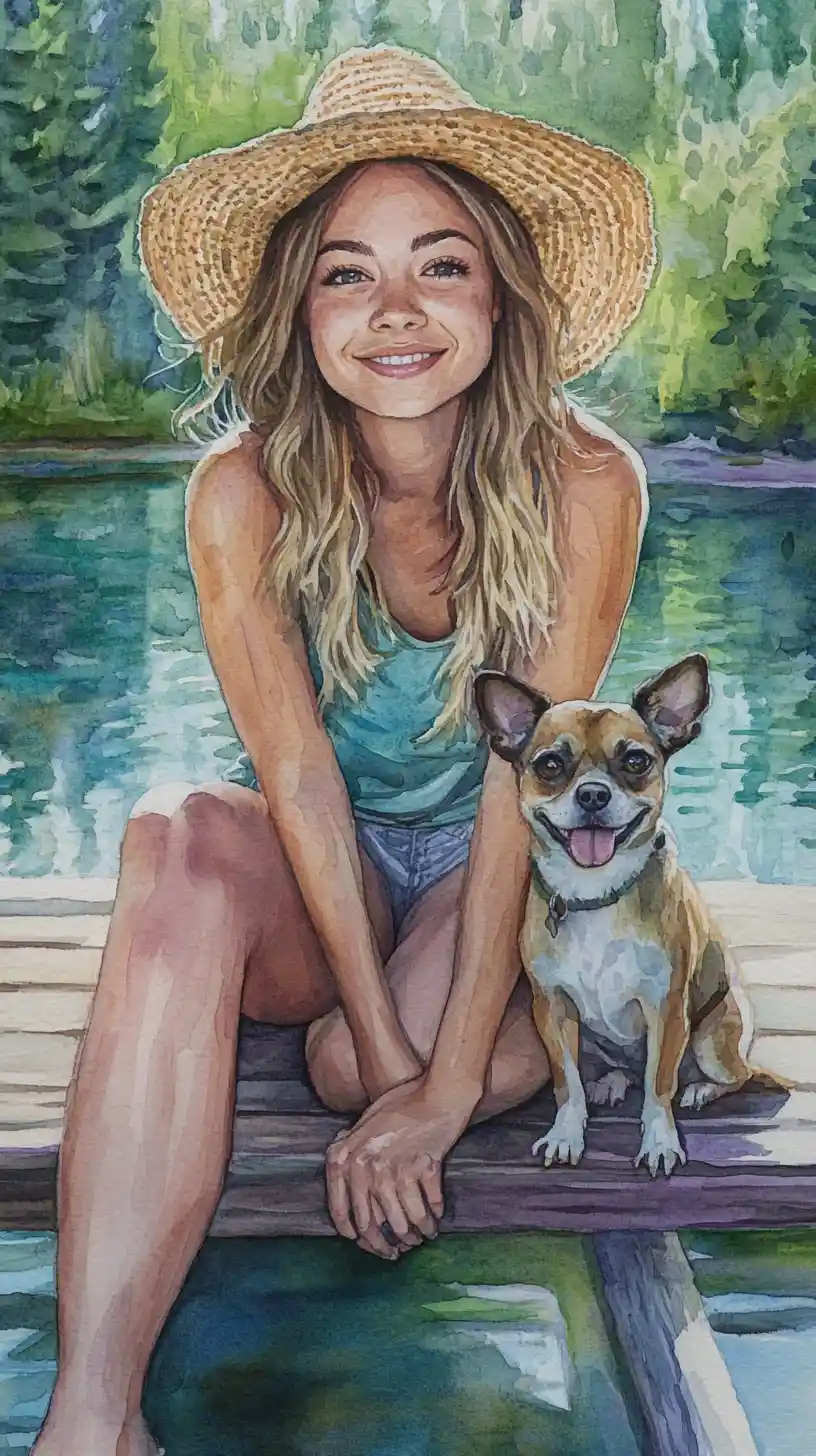 Giovane donna sorridente con cane sulla riva di un lago tranquillo