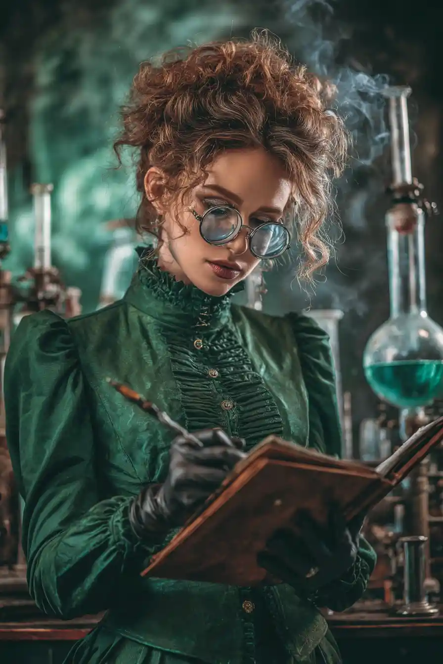 Steampunk inventor woman reading a dusty blueprint