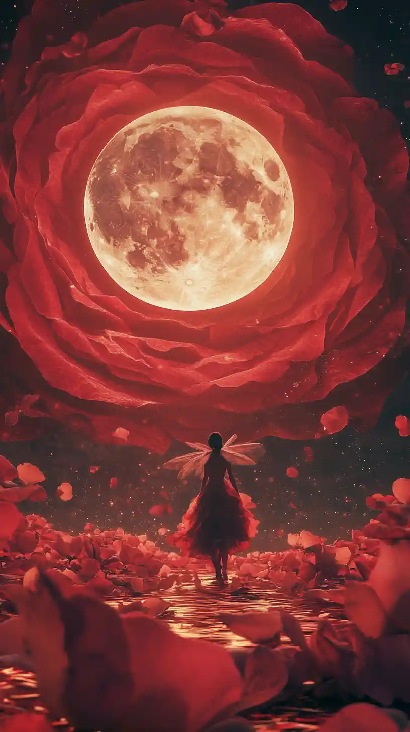 Fata che attraversa i petali di una rosa cremisi illuminata dalla luna
