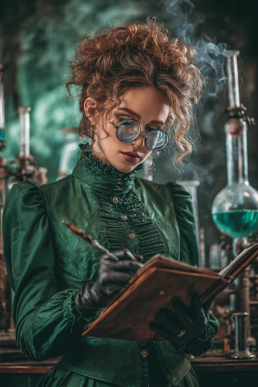Steampunk inventor woman reading a dusty blueprint