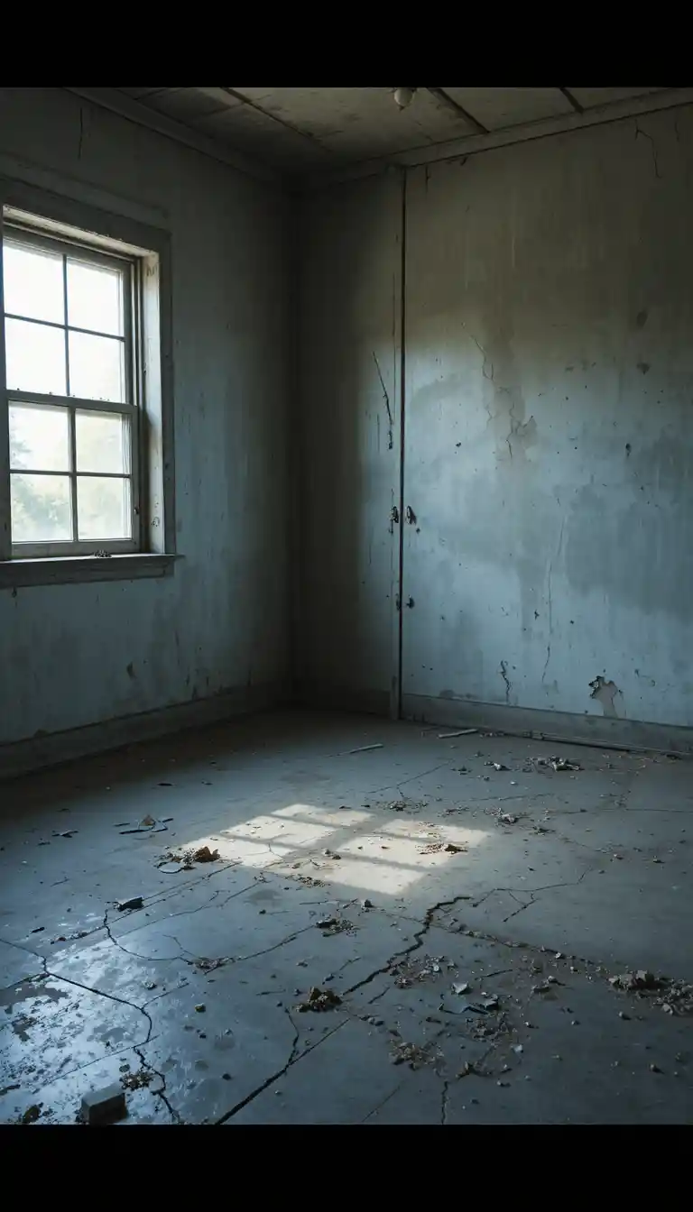 Neglected concrete living room with window light and shadows
