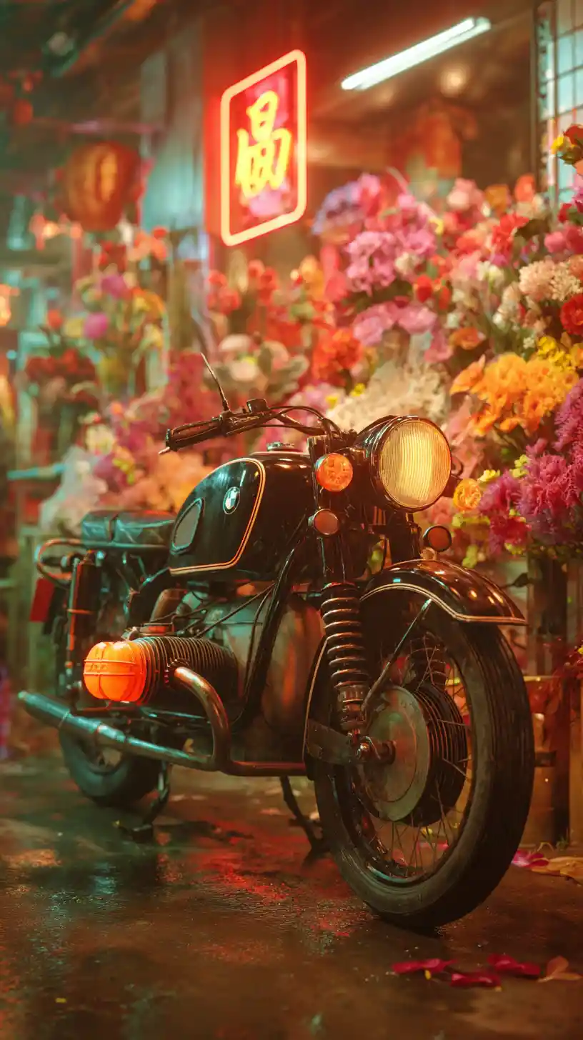 Vintage motorcycle with neon lights at chinese new year party