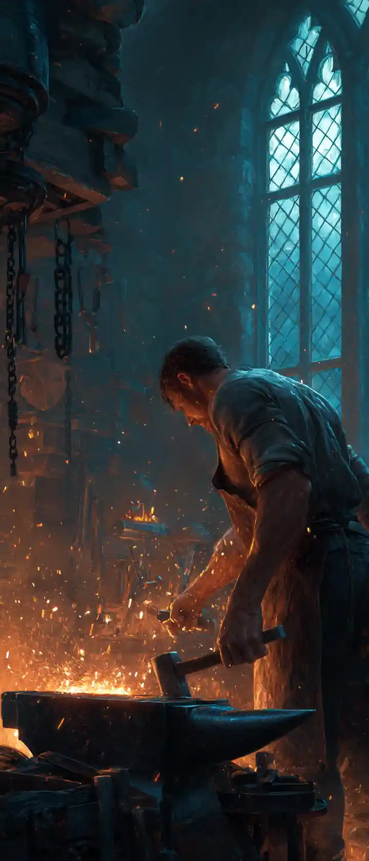 Medieval blacksmith forging a glowing blade at dusk