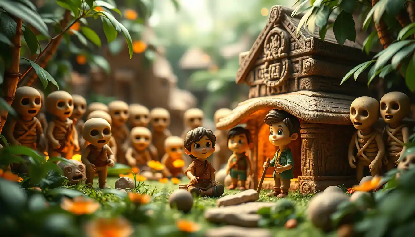 Pixar style children discovering treasure in Mayan temple
