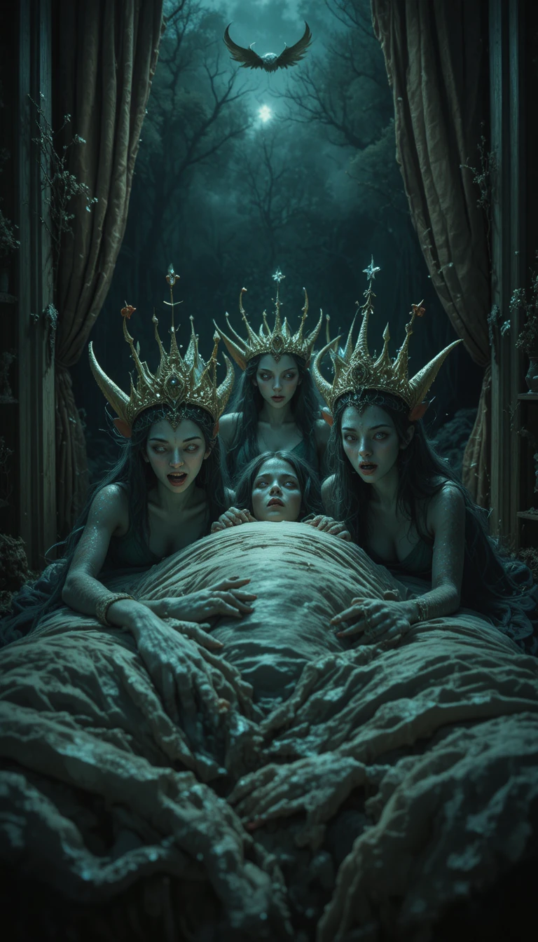 Sneaky evil fairies stealing teeth in a dim bedroom
