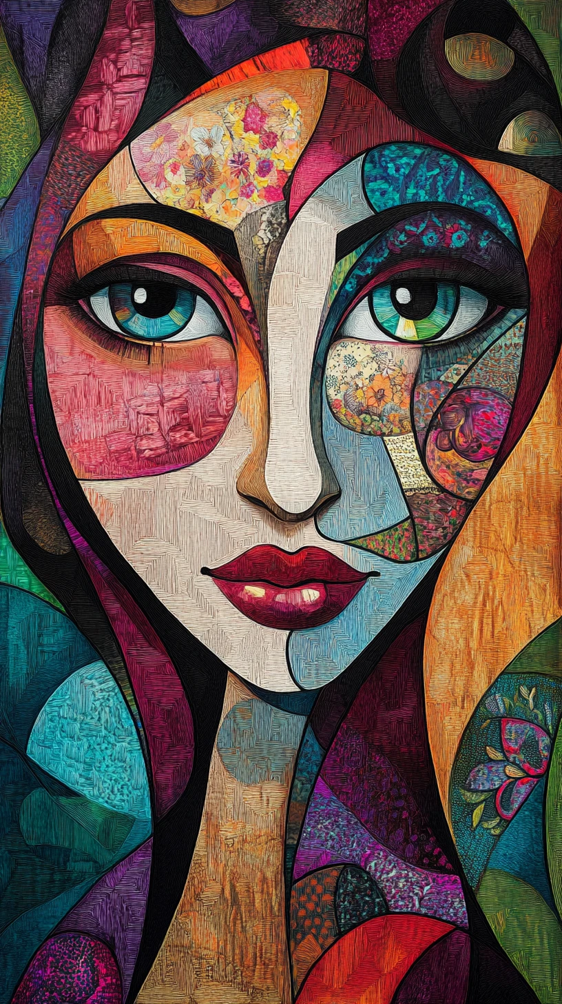 Retrato cubista abstrato de um rosto feminino estilizado