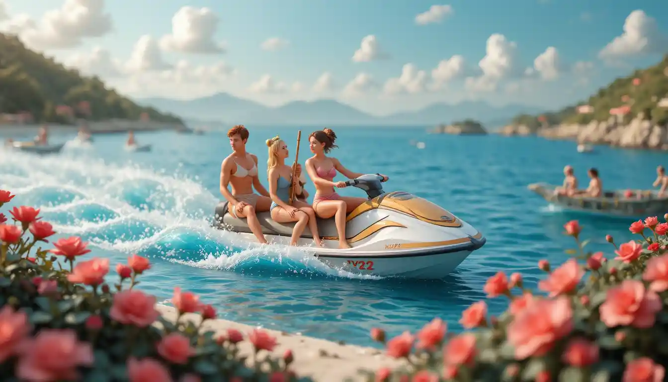 Família de feltro divertida navegando de barco na praia