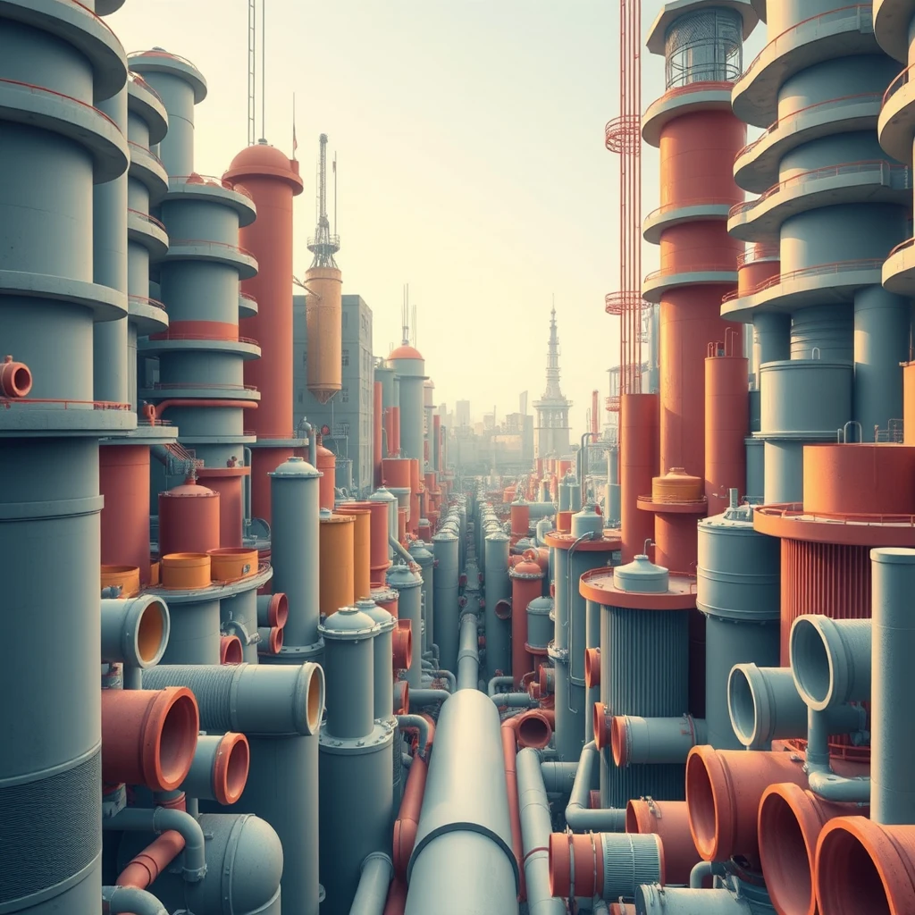 Geometric tubist cityscape of pipes and cylindrical towers