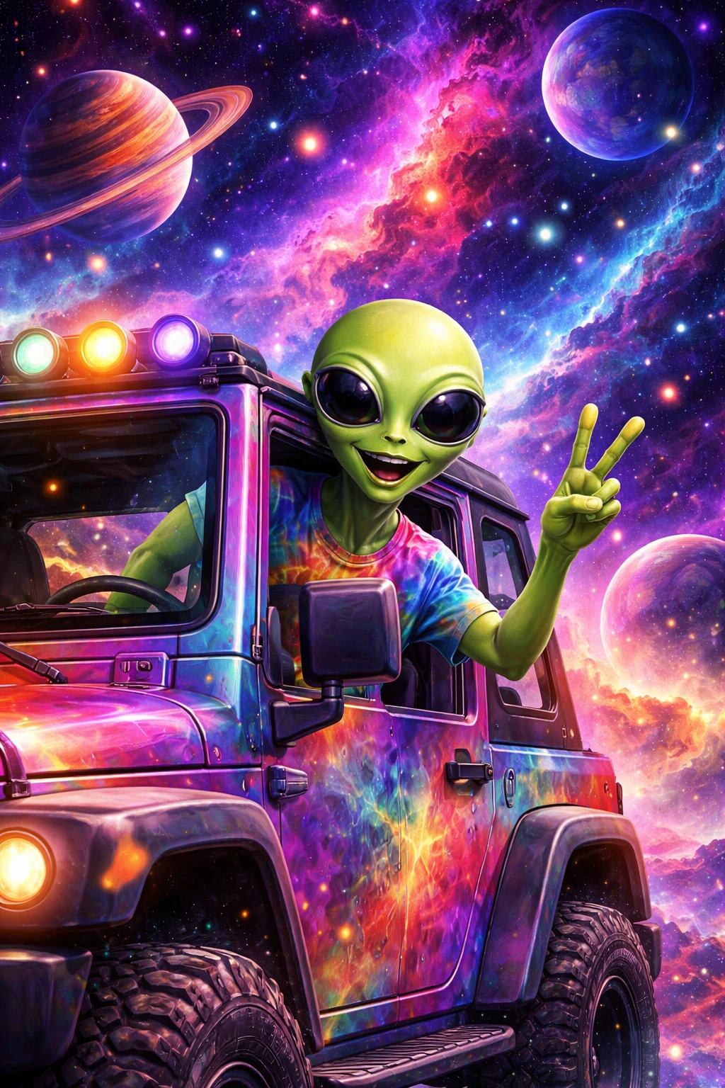 Alien Throwing Peace Sign From Jeep In Outer Space