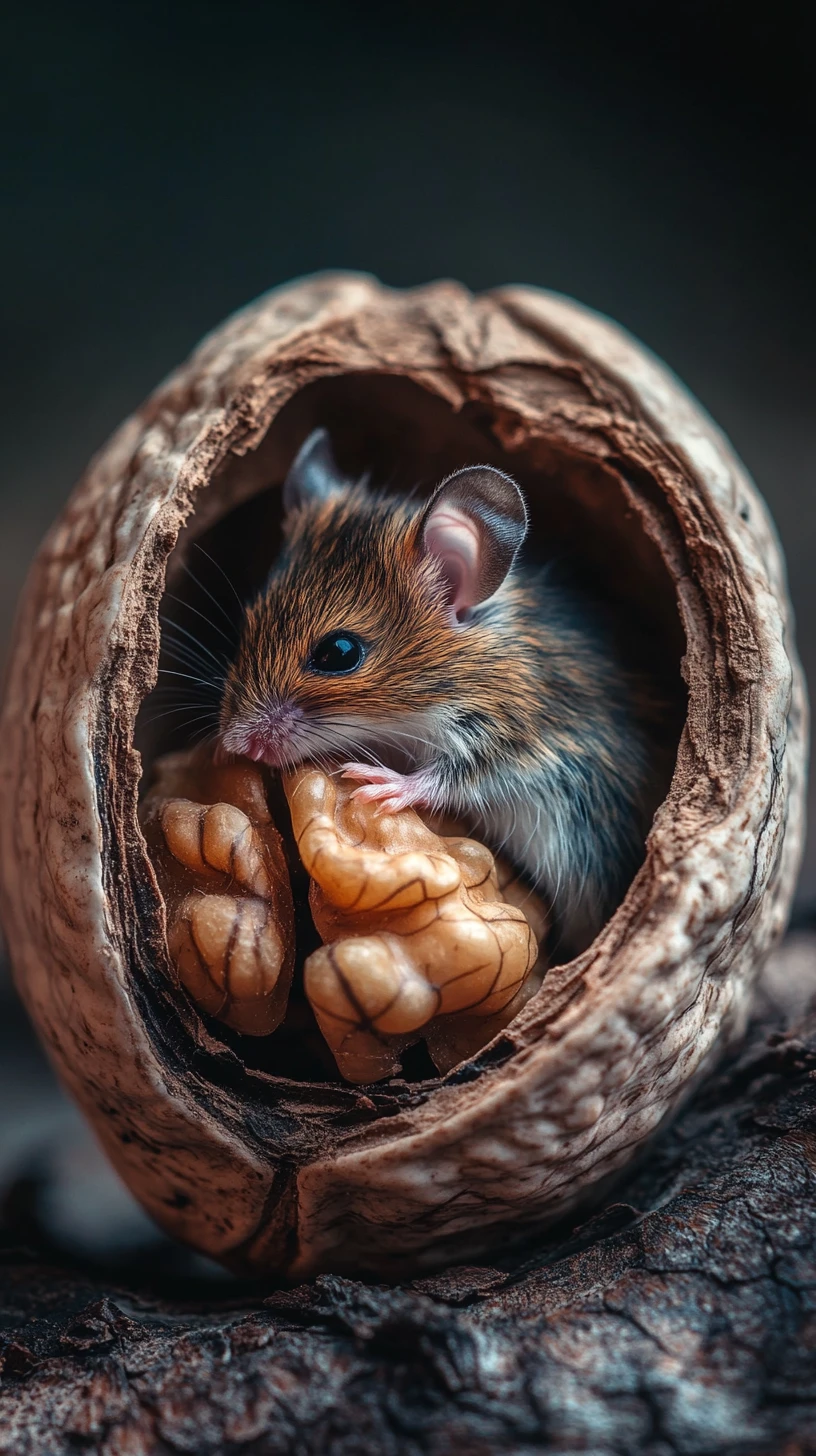 Tiny mouse curled inside a cracked walnut shell