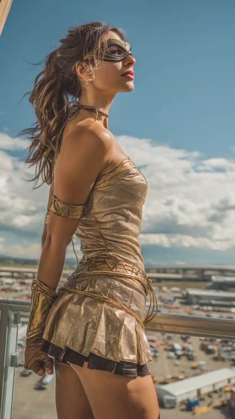 Brazilian warrior woman sprinting through a blurred city street