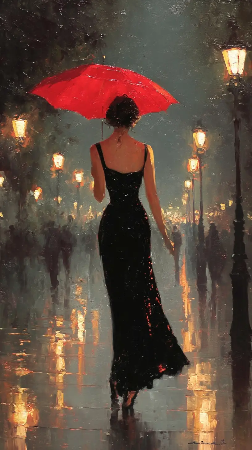 Woman walking alone under streetlights on a rainy night