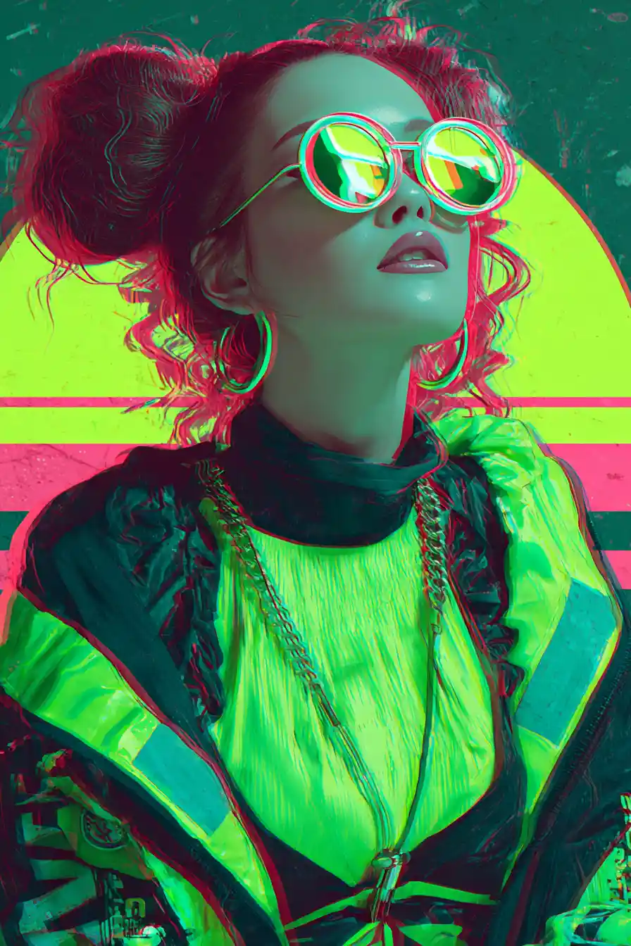 Neon futuristic woman in surreal pink and green atmosphere
