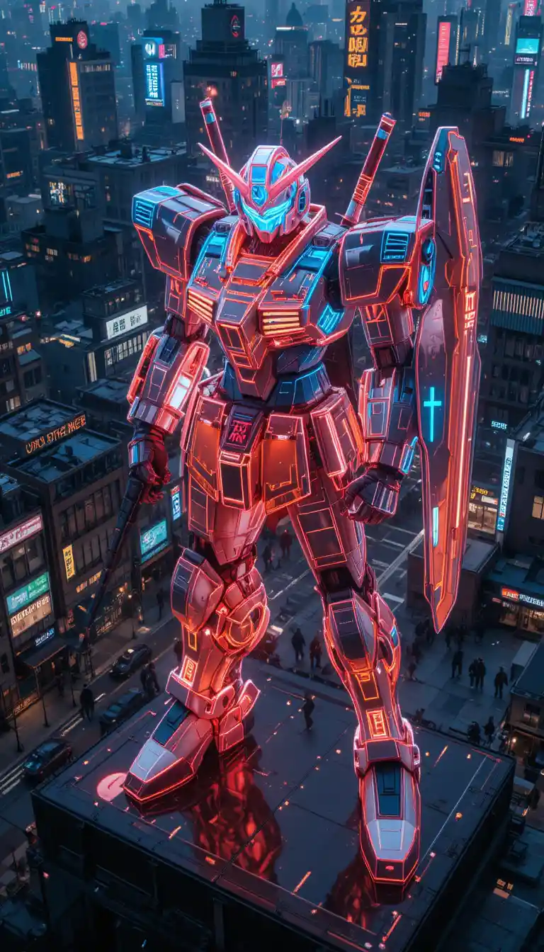 Neon Holographic Giant Robot Statue Above Tokyo City