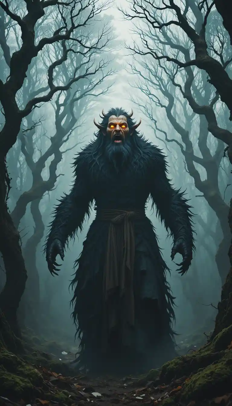 Dark druid transforms into beast in misty ancient forest