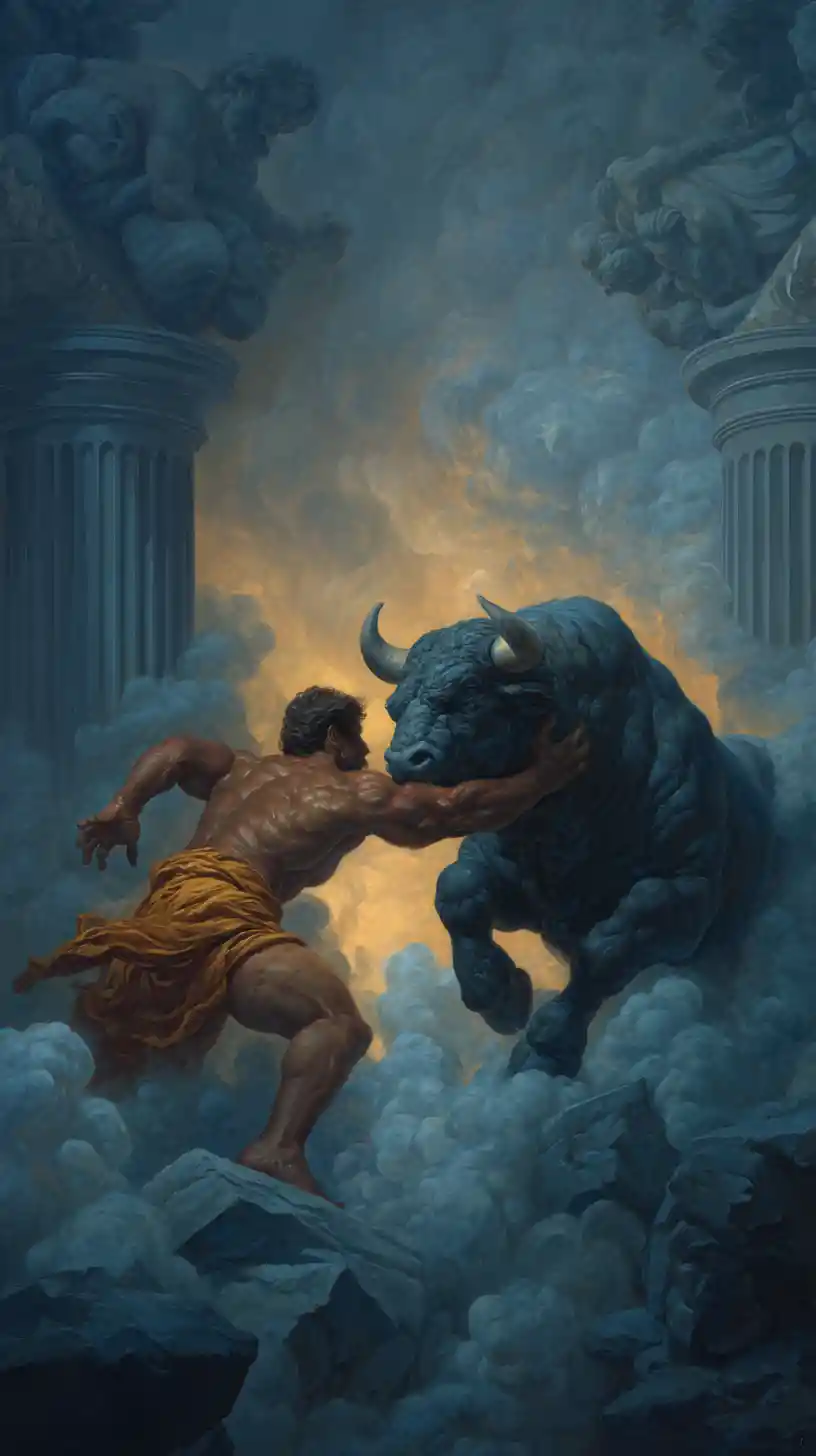 Hero battling minotaur in smoky labyrinth oil painting
