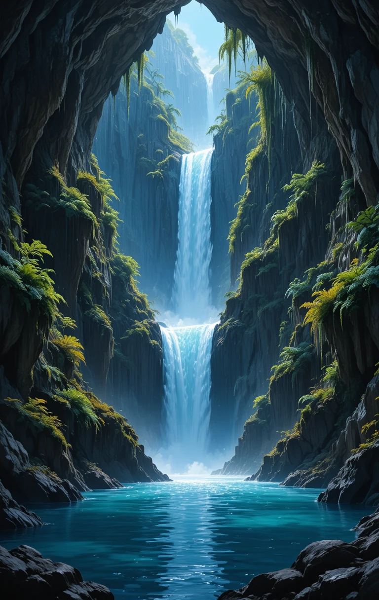 Majestic underground waterfall in a glowing cavern landscape