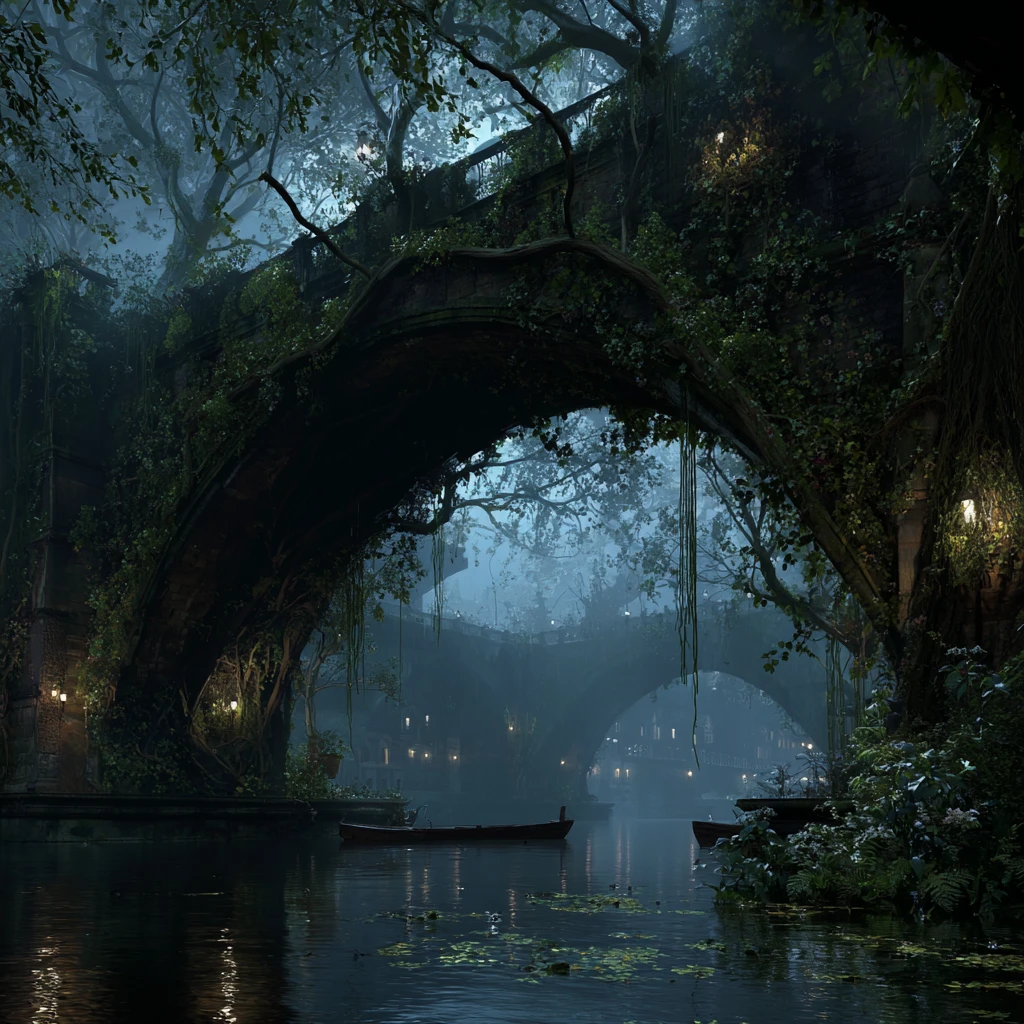 Enchanted Rialto Bridge Overgrown With Moss In Mystic Venice