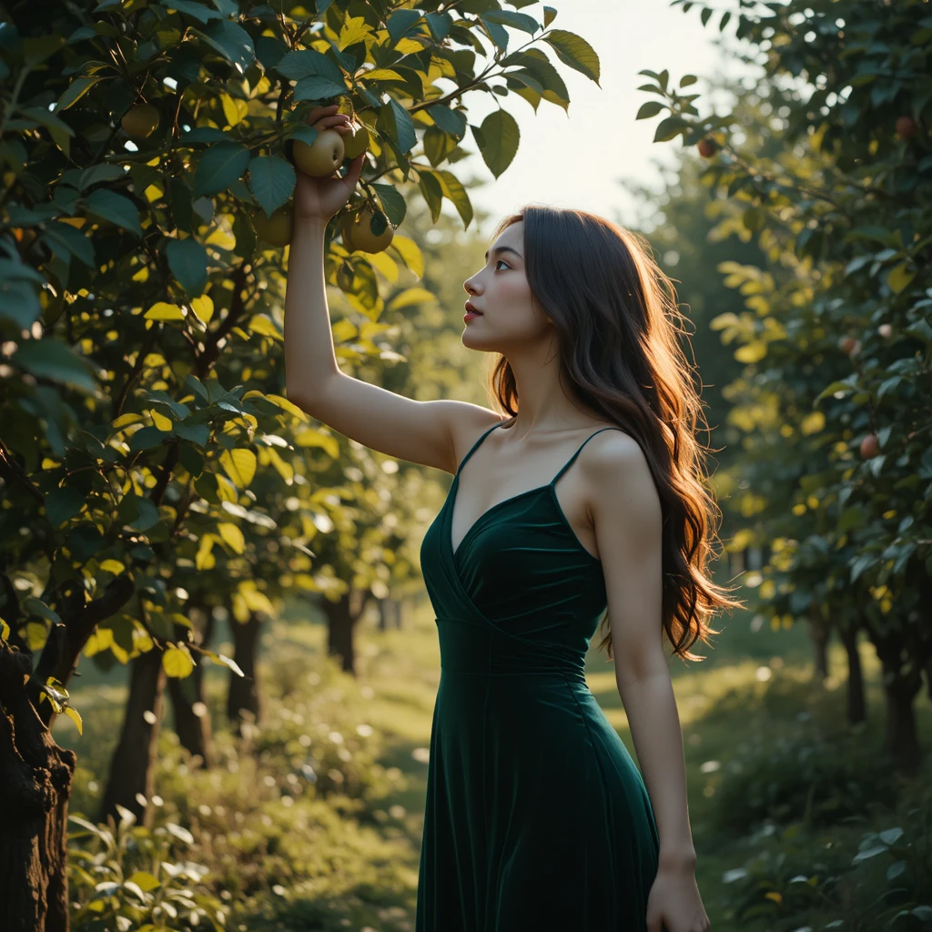 Korean woman in green velvet gown reaching for an apple