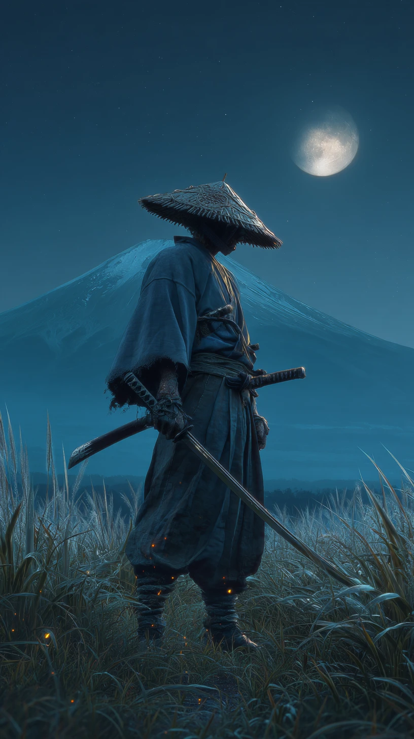 Lone ronin in moonlit grass before distant mountain