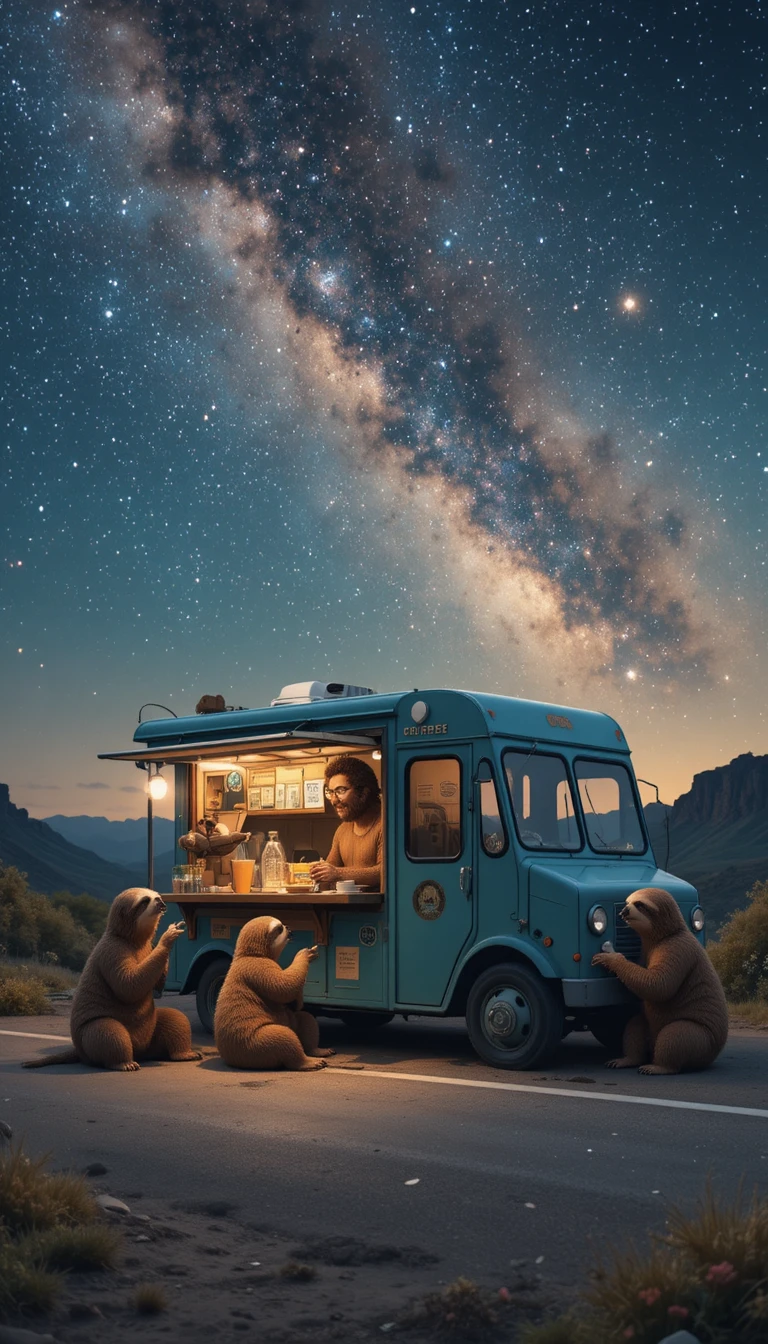 Bear Barista Coffee Truck Under A Starry Night Sky