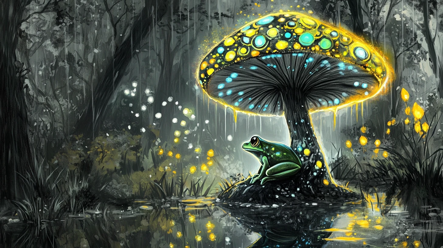 Mystical frog beneath a glowing mushroom at twilight