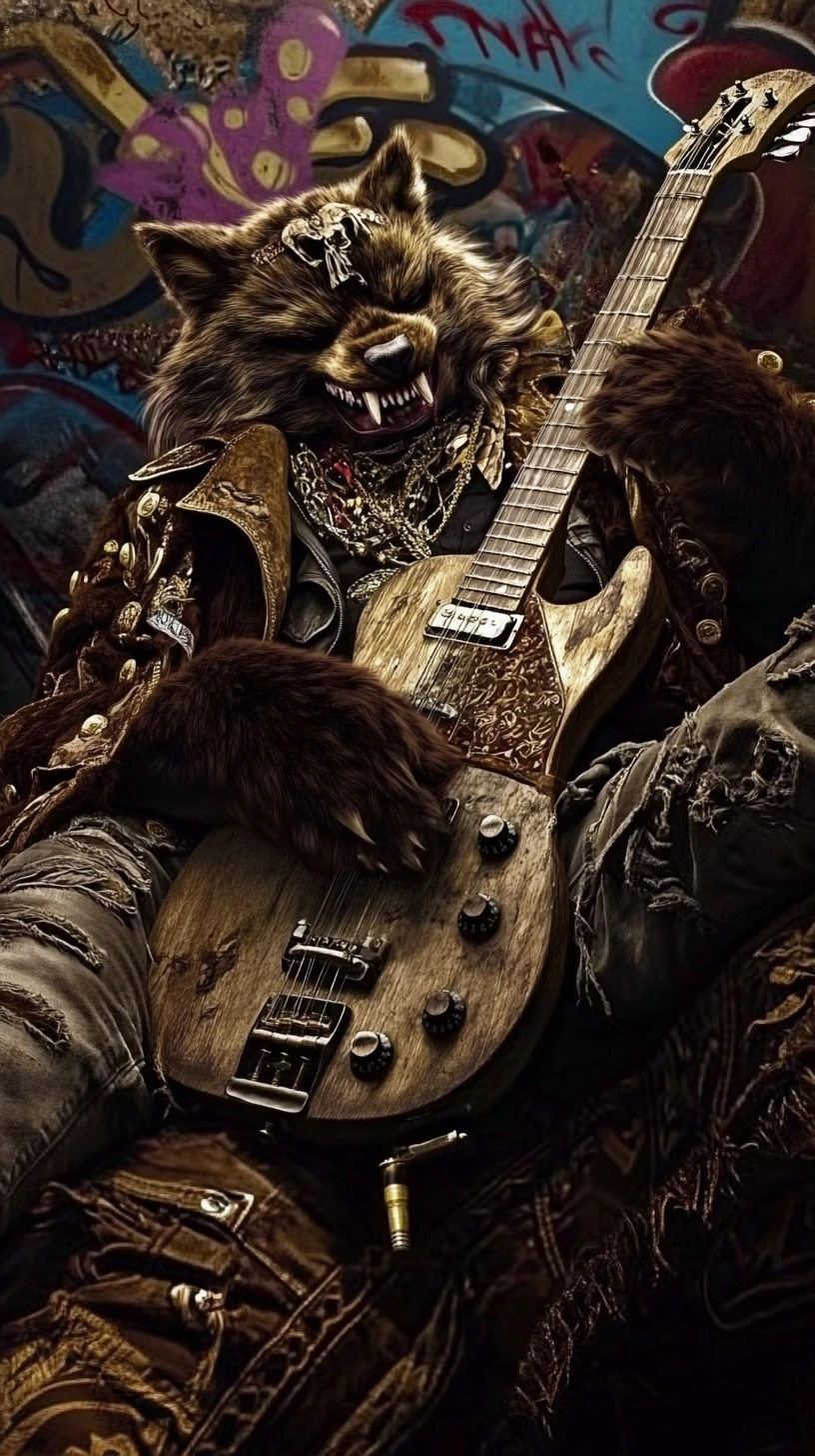 Anthropomorphic rockstar creature in a vibrant graffiti cityscape