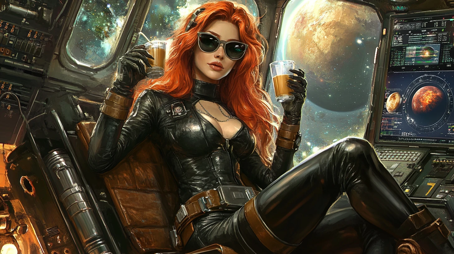 Donna dai capelli rossi in tuta di pelle dentro una vecchia astronave