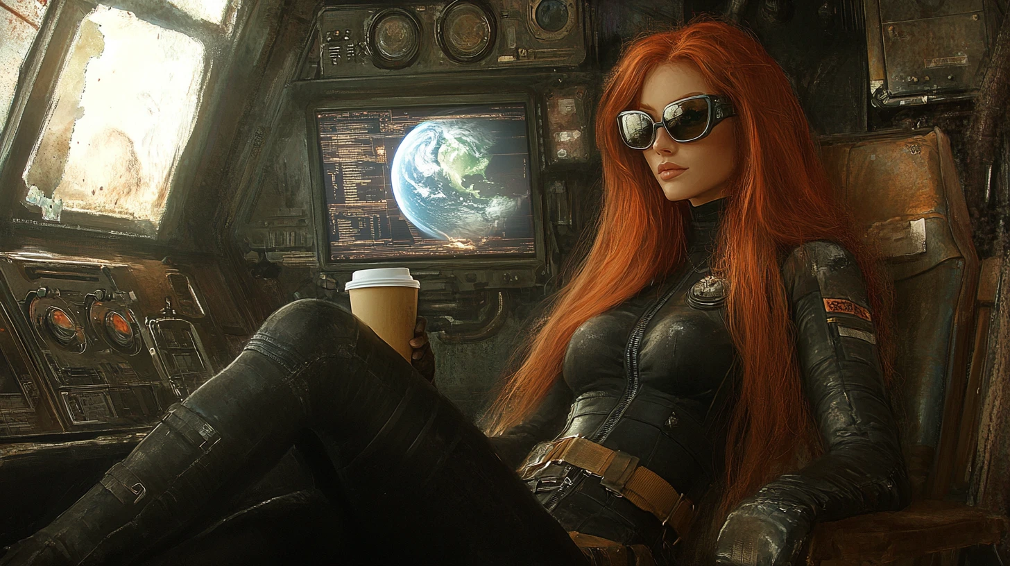 Red haired woman in leather suit inside old spaceship
