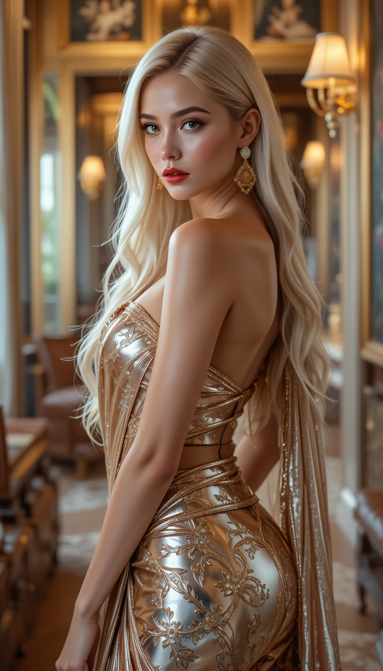 Elegant blonde woman in metallic saree in warm light