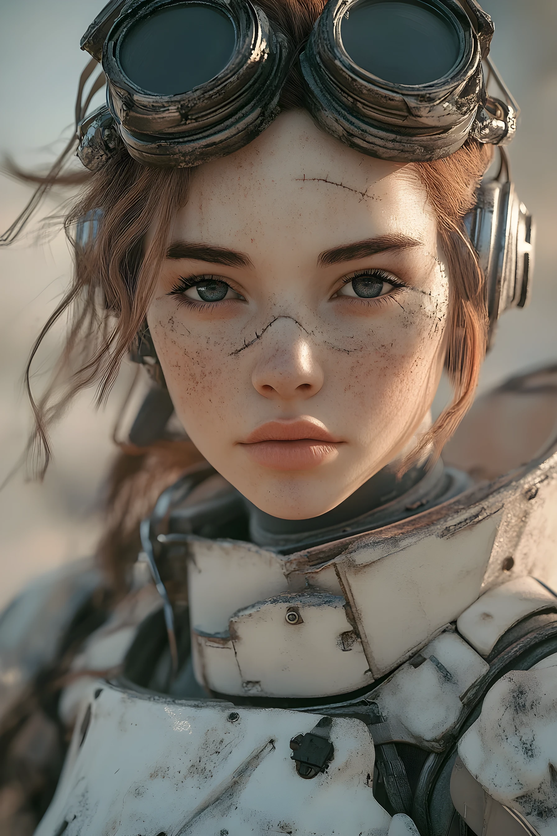 Post apocalyptic sci fi woman in white armor portrait