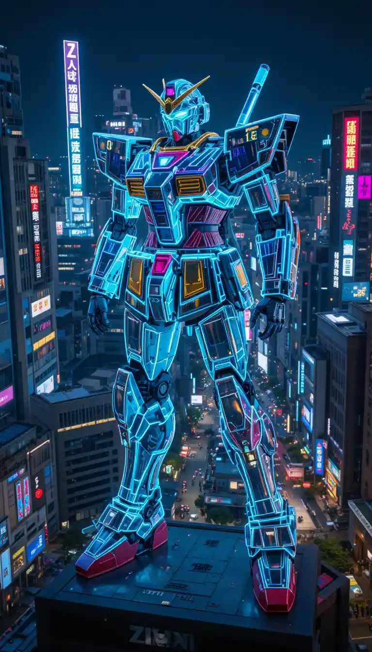 Neon Holographic Giant Robot Statue Above Tokyo City