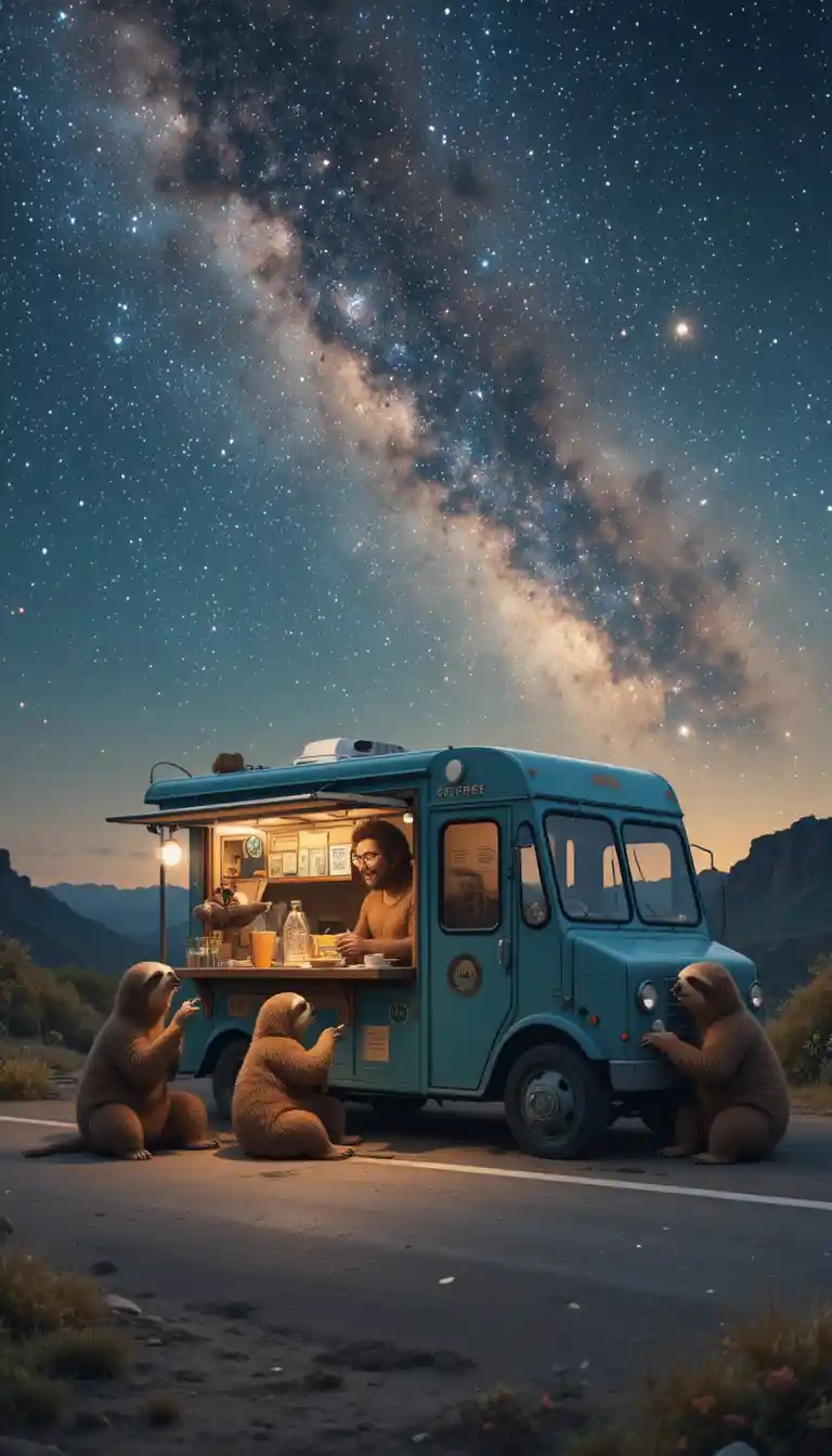 Bear Barista Coffee Truck Under A Starry Night Sky