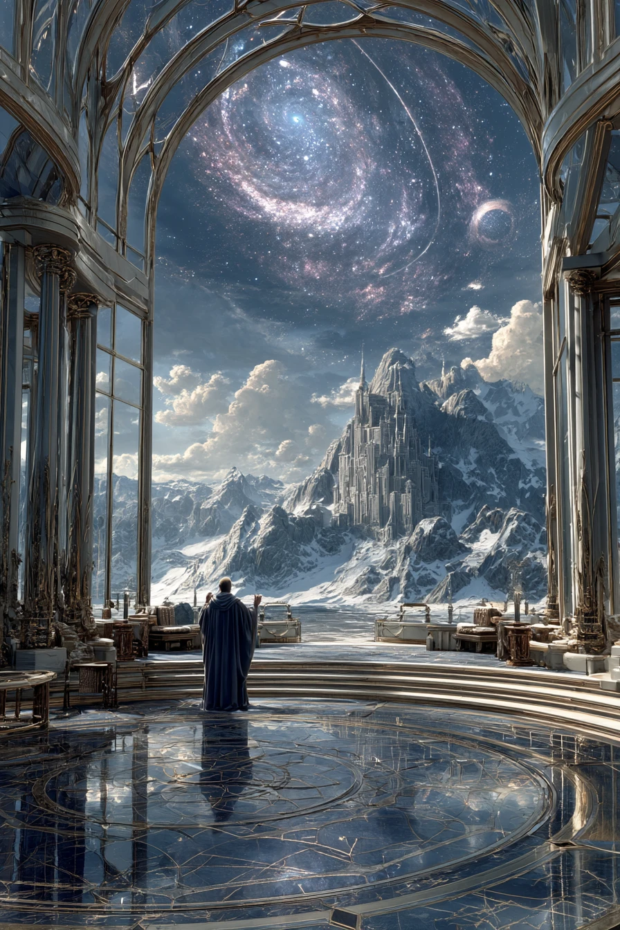 Crystal mountain observatory with glowing astrolabe and galaxy