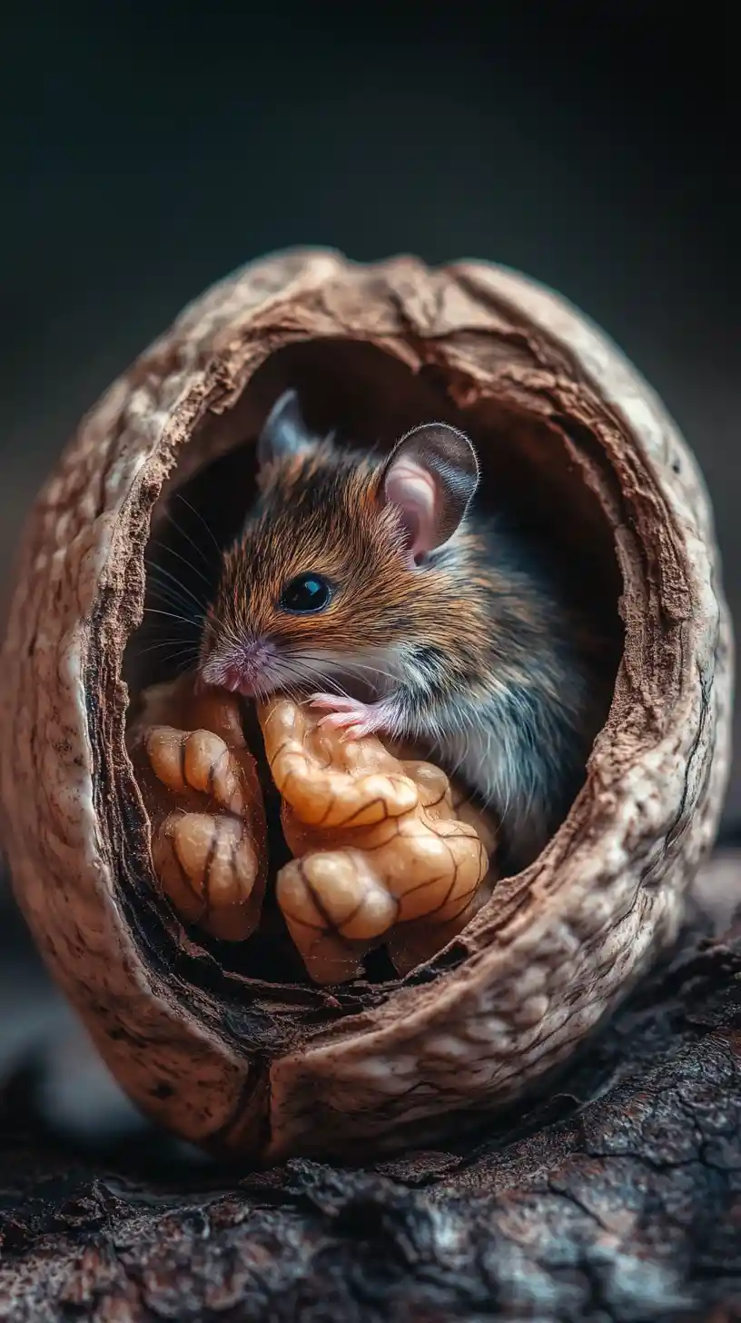 Winzige Maus zusammengerollt in einer aufgebrochenen Walnussschale