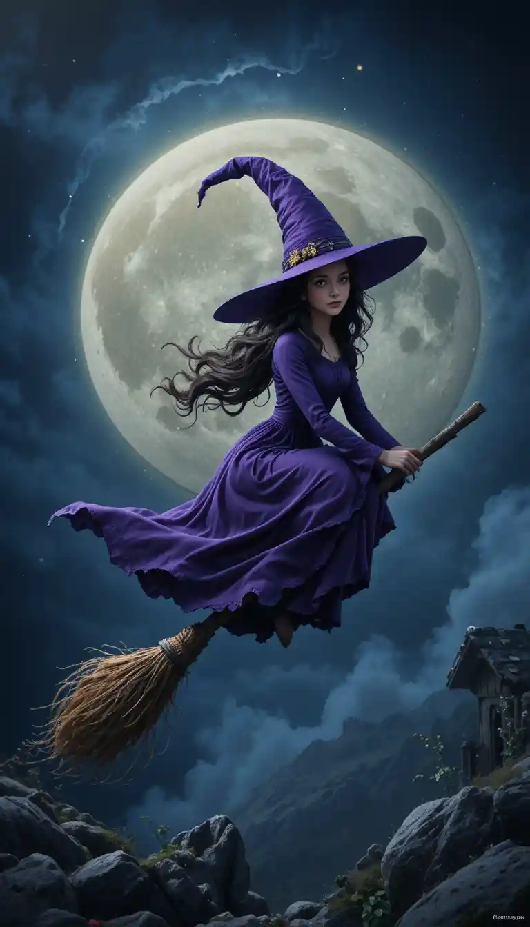 Witch Flying On A Broom Across The Bright Full Moon