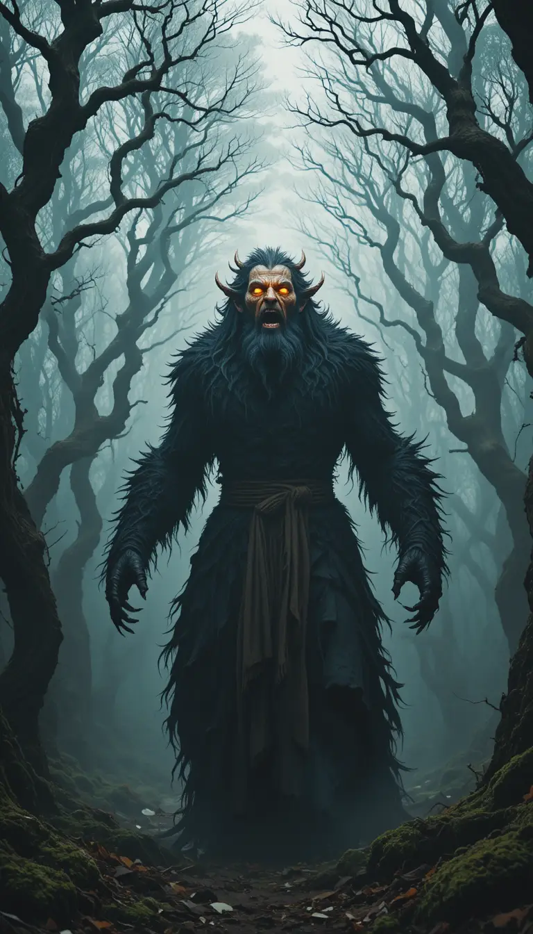 Dark druid transforms into beast in misty ancient forest