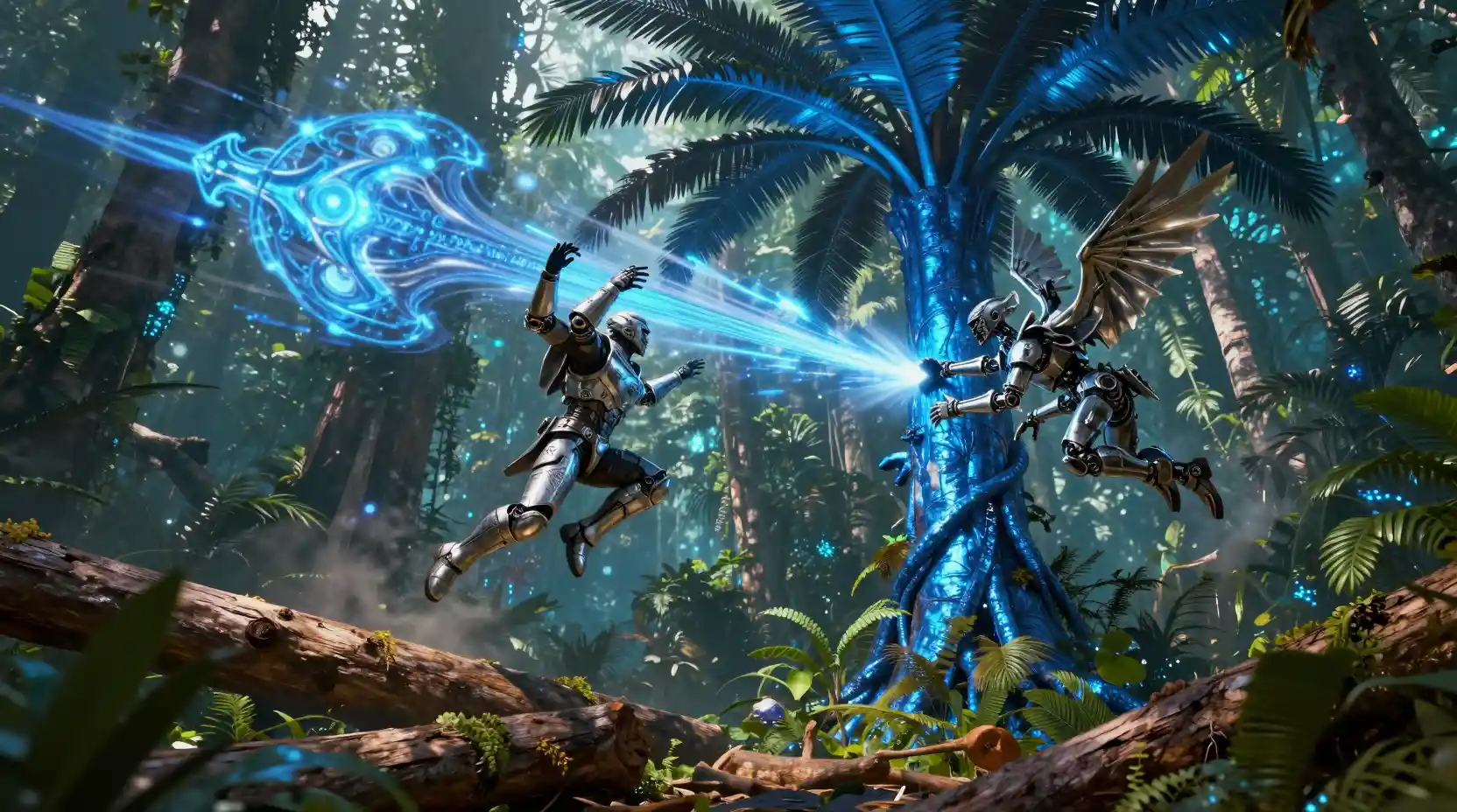 Futuristic warriors dodging a violent metallic jungle tree