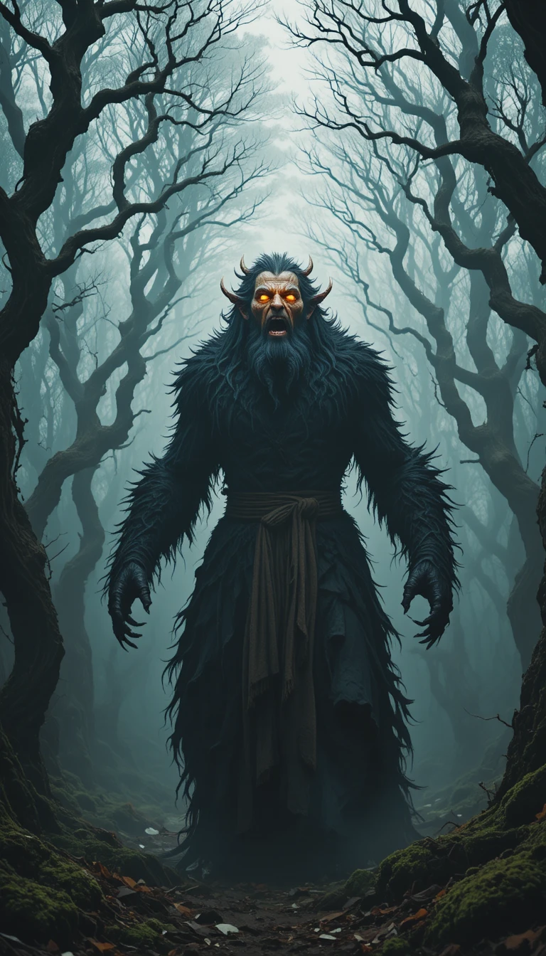 Dark druid transforms into beast in misty ancient forest