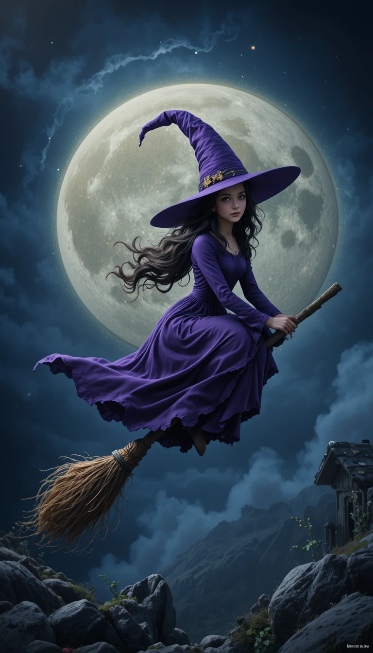 Witch Flying On A Broom Across The Bright Full Moon