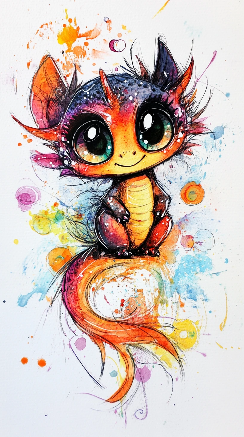 Cute baby dragon ink sketch with watercolor splashes