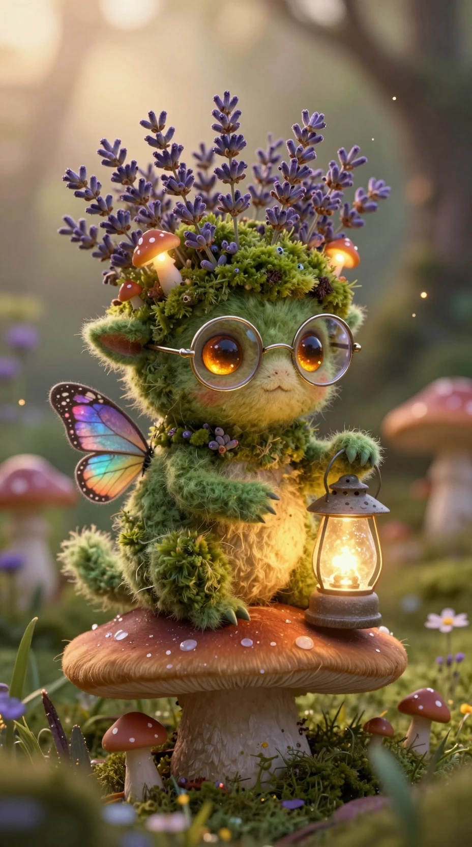Tiny moss forest guardian with glowing lantern at sunset