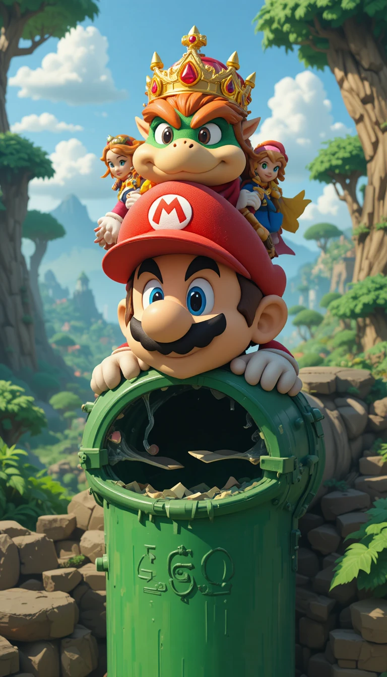 Stacked cartoon heroes emerging from a classic green pipe