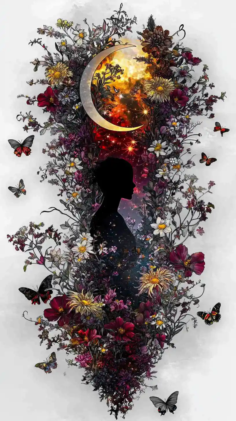Feminine silhouette in a celestial floral garden illustration