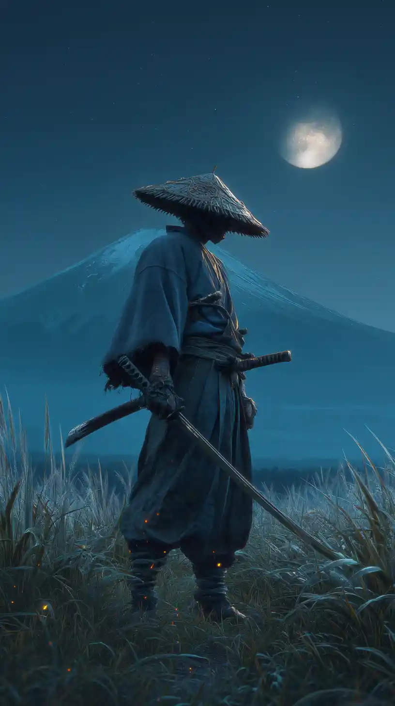 Lone ronin in moonlit grass before distant mountain